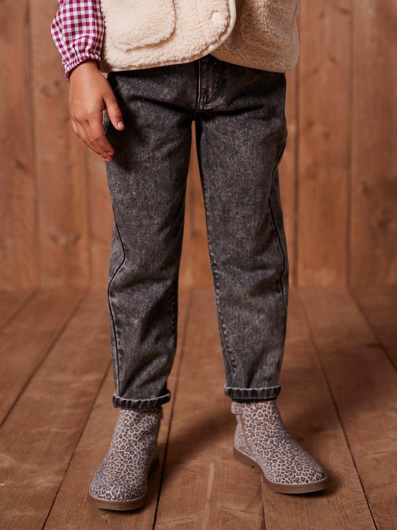 Mom Fit Jeans with Heart-Shaped Pockets on the Back, for Girls grey